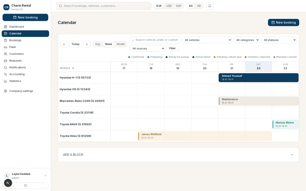 Charm Rental CRM fleet calendar showing multiple vehicles, an active rental, an upcoming return and a maintenance block