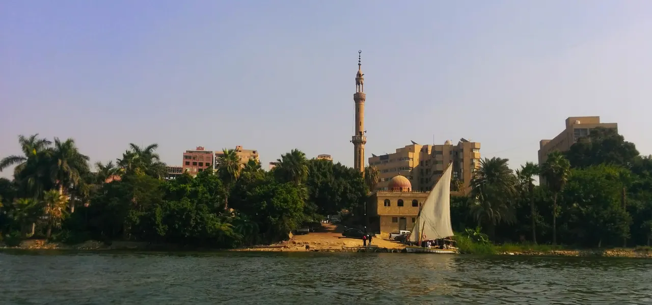 Mosque and felucca on the Nile near Maadi