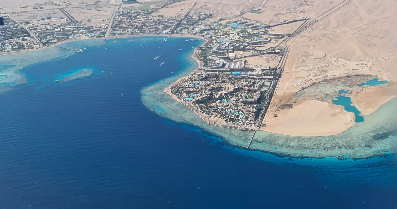 Aerial view of Makadi Bay and its coral reef