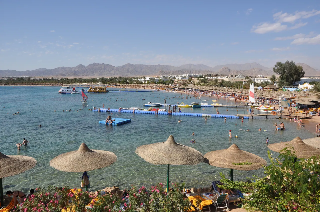 Naama Bay beach with the Sinai mountains behind